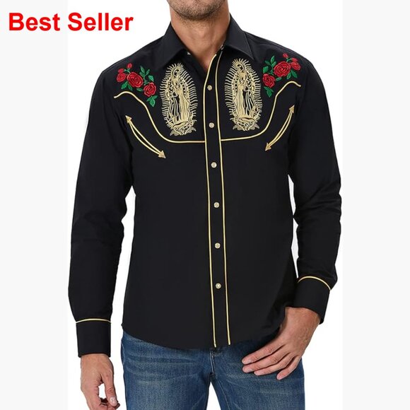 Men's Cotton Blend Snap Button Western Shirt with Embroidered Design